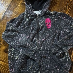 Lovesick Gray Leopard Hoodie with Pink Skull